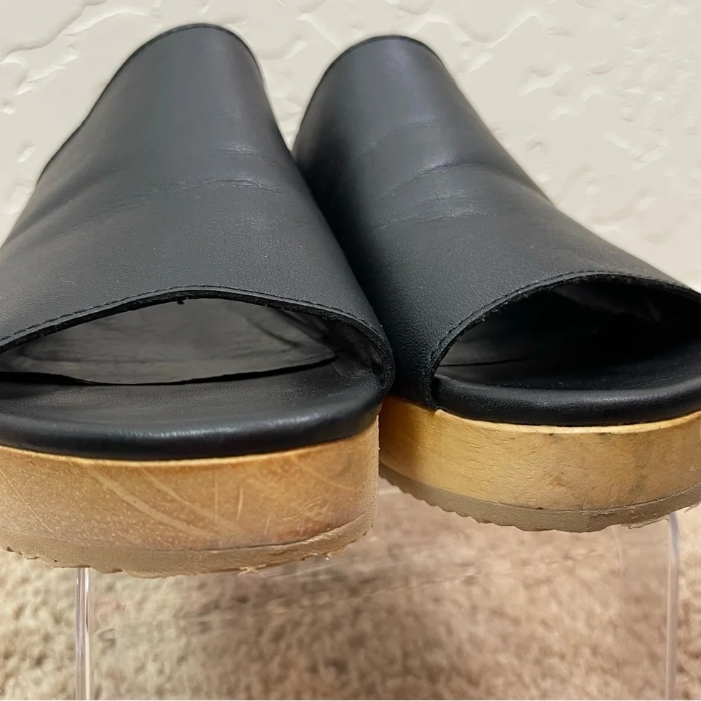 Eileen Fisher Size 11 Novel Black Leather Platform Wooden Clog Slide Sandals - Picture 11 of 16